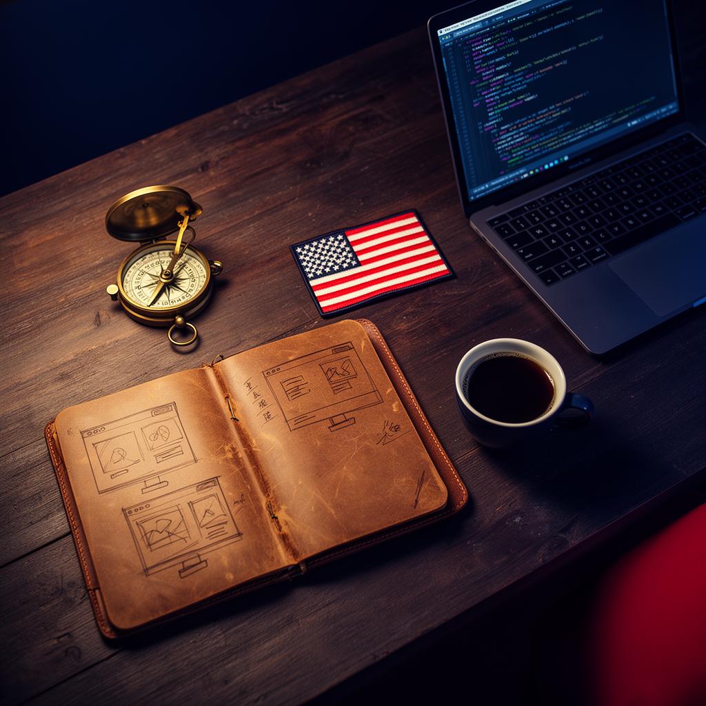 CraftrUSA origin story — wireframe sketches, laptop with code, and American flag on a wooden desk